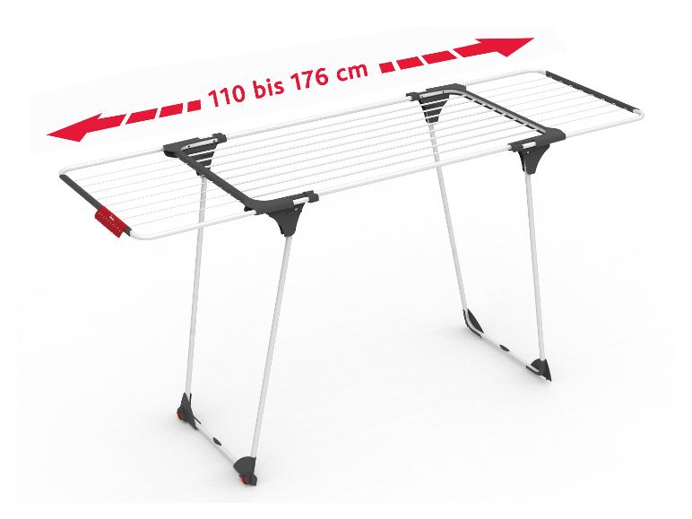 Ausziehbarer Wäscheständer von 110 bis 176 cm, weiß und grau.