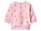 Rosa Baby-Sweatshirt mit orangefarbenen, gelben und lila Punkten, mit Knopfverschluss am Rücken.
