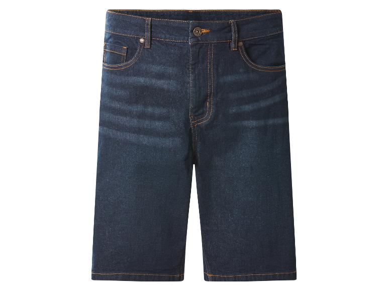 Dunkelblaue Jeans-Shorts mit orangefarbenen Nähten und Metalldetails.