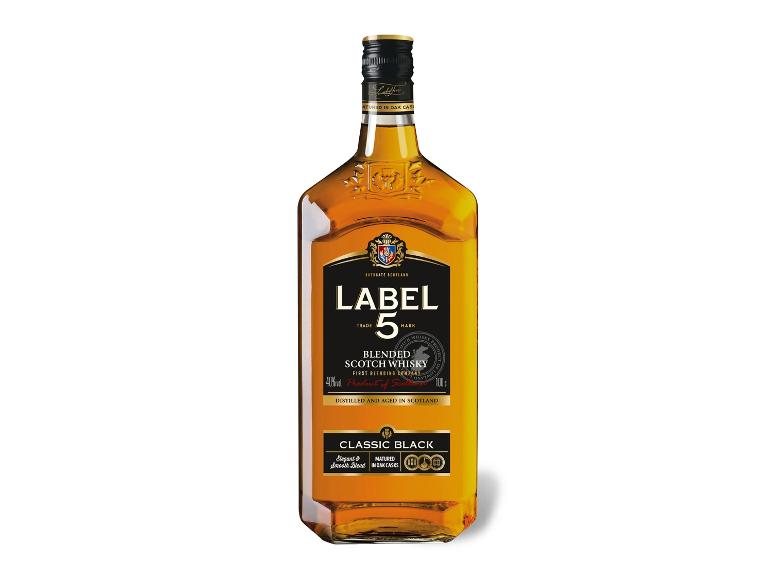 Flaschenetikett mit der Aufschrift „Blended Scotch Whisky Classic Black“, 40 % vol.