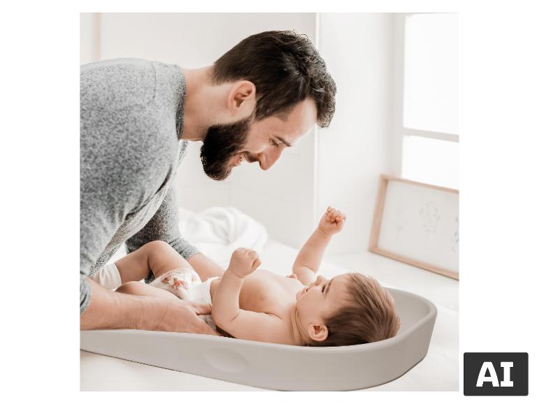 Ein Vater wickelt sein Baby auf der grauen BABYGO Wickelauflage Luxepad. [KI-generiertes Bild]