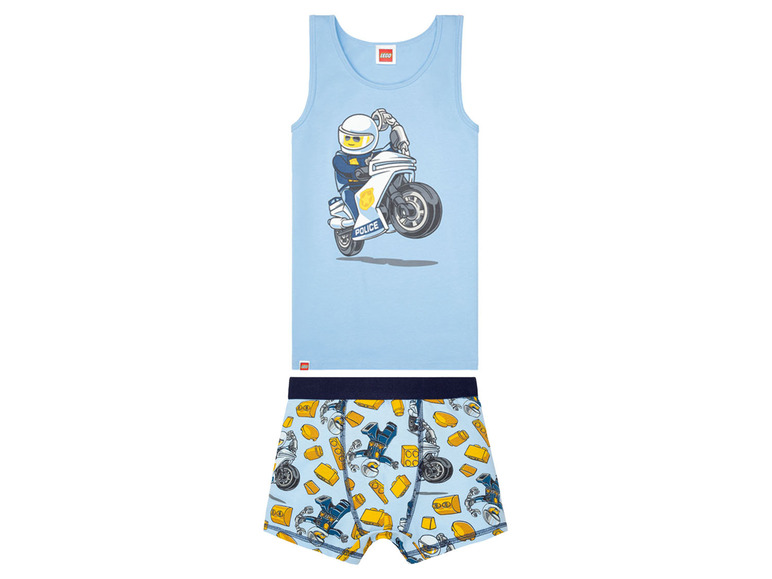 Lego Tanktop mit einem Polizisten auf einem Motorrad und passende Boxershorts.