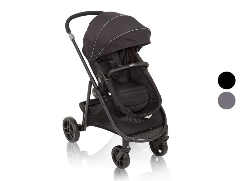 Ein schwarzer Graco Kinderwagen mit Klappfunktion.