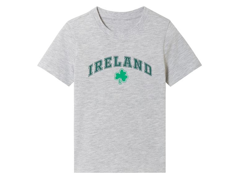 Graues T-Shirt mit Irland-Logo und Kleeblatt.
