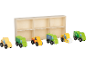 Holzspielzeugfahrzeuge wie Straßenwalze, Muldenkipper und Müllwagen mit Ablageregal.