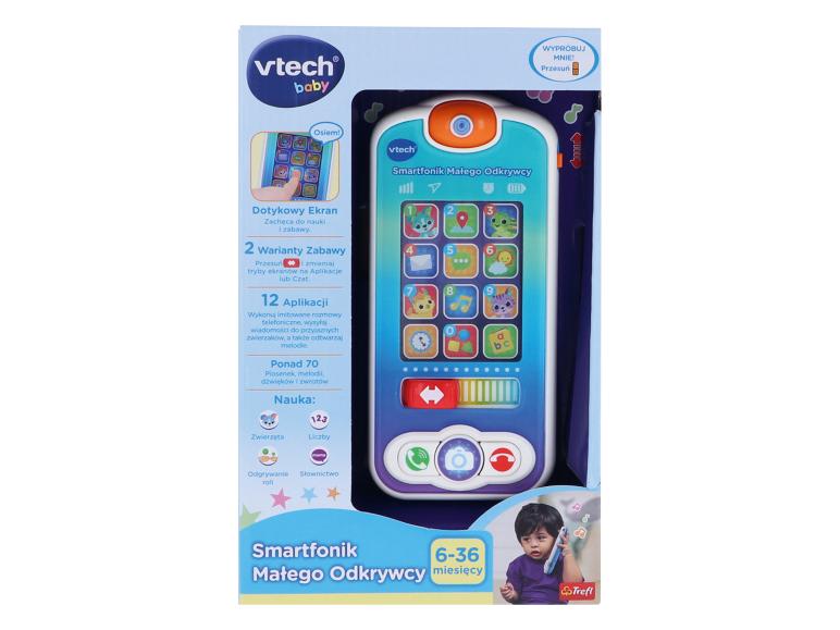 Vtech Baby Smartfonik Małego Odkrywcy Spielzeugbox mit einem blau-weißen Spielzeugtelefon.