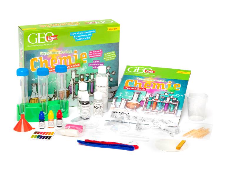 GEOLino Chemie-Experimentierkasten für Kinder, mit Reagenzgläsern und Handbuch.