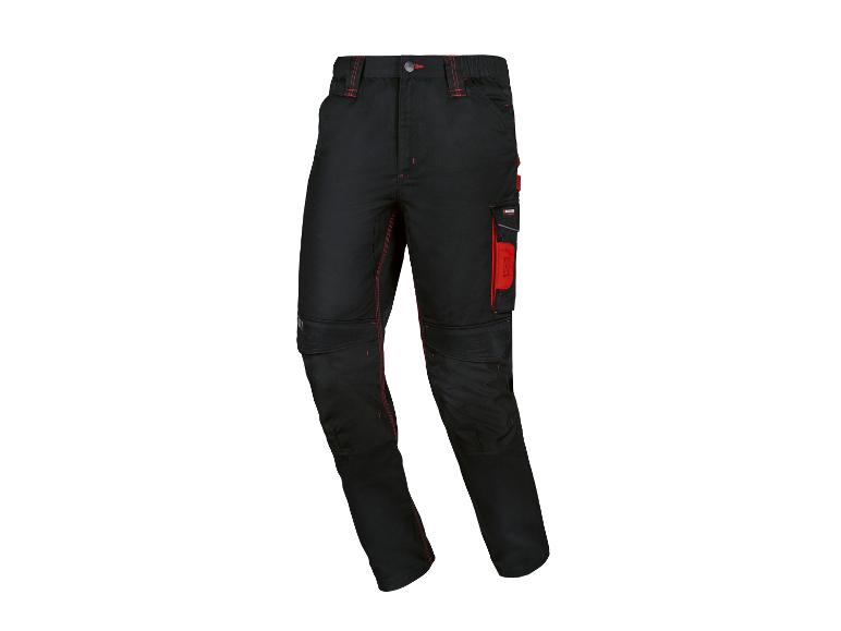 Schwarze Arbeitshose mit roten Nähten und Taschen