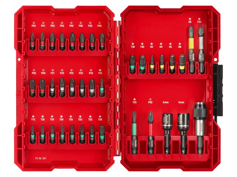 Rotes Schraubendreher-Bit-Set mit PH1, PH2, PH3, PZ1, PZ2, PZ3, T15, T20, T25, T30, H3, H4, H5, H6, 6mm und 8mm Bits.