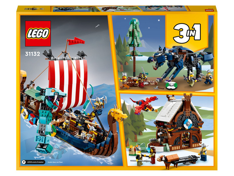 LEGO Creator 3-in-1-Set mit einem Wikingerschiff, einem Wolf und einem Haus.