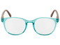 Türkisfarbene Brille mit braunen Bügeln.