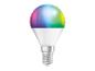 Smarte LED-Glühbirne mit farbigem, Verlaufsglobus und weißem Sockel.