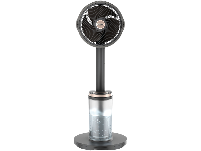 Ein moderner Standventilator mit einem klaren Wasserbehälter an der Basis, auf weißem Hintergrund.