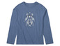 Blaues Langarmshirt mit einem geometrischen Löwenmotiv.