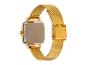 Eine goldene Uhr mit quadratischem Zifferblatt und einem Mesh-Armband.
