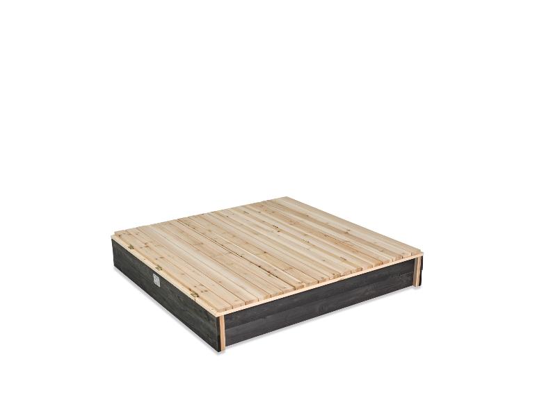 Holzsandkasten mit Sitzbankabdeckung, in Dunkelgrau und hellem Holz.