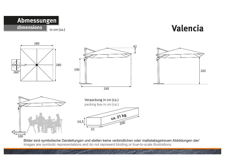 Valencia Sonnenschirm Maße mit Draufsicht, Seitenansicht und Verpackungsdetails.