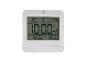 Eine weiße digitale Uhr mit Anzeige für Temperatur, Datum und Zeit.