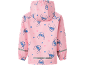 Rosa Kinderregenjacke mit blauem Alien-Charakter und Blumendruck.