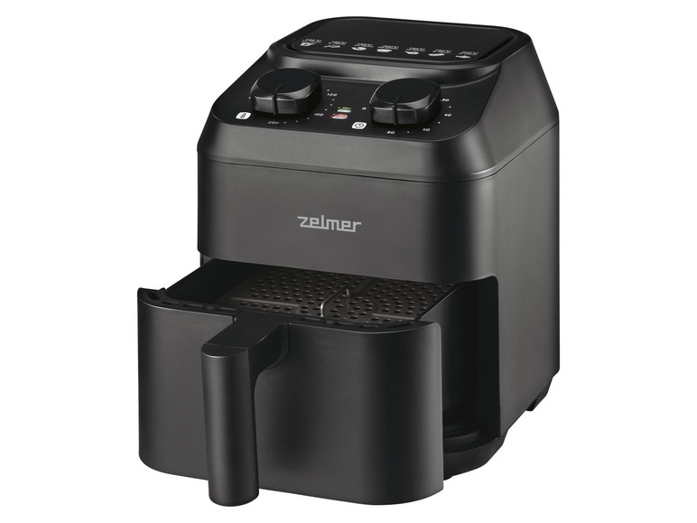 Eine schwarze Zelmer Fritteuse mit ausziehbarer Schale.