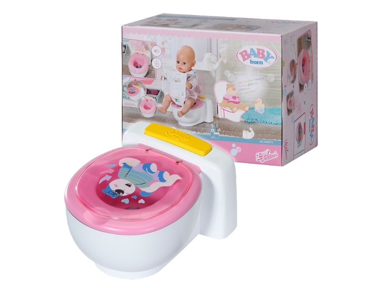 Puppentoilette mit Soundeffekten und einer Puppe auf einer ähnlichen Toilette auf der Verpackung.