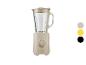 Beiger SilverCrest Mixer mit Glaskanne und Geschwindigkeitsregler, mit Farbmustern.