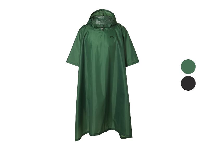 Grüner Regenponcho mit Kapuze und Logo, mit dunkelgrünen und schwarzen Farboptionen.