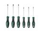 Set aus sechs PARKSIDE Schraubendrehern mit schwarz-grünen Griffen und verschiedenen Torx-Spitzen.