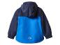 Dunkelblaue und hellblaue Kinderjacke mit Kapuze und elastischen Bündchen.