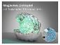 Glitzernde Muschelleuchte mit Text: „Magisches Lichtspiel mit funkelnden Glitzerpartikeln“.