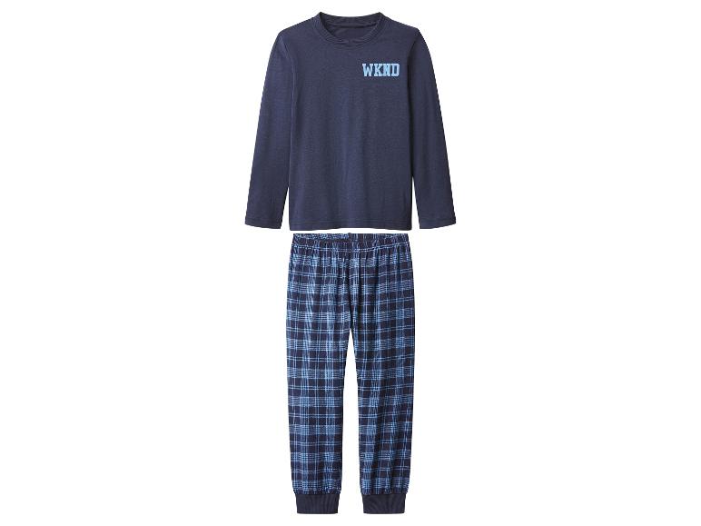 Blauer Pyjama mit Langarmshirt und karierter Hose.