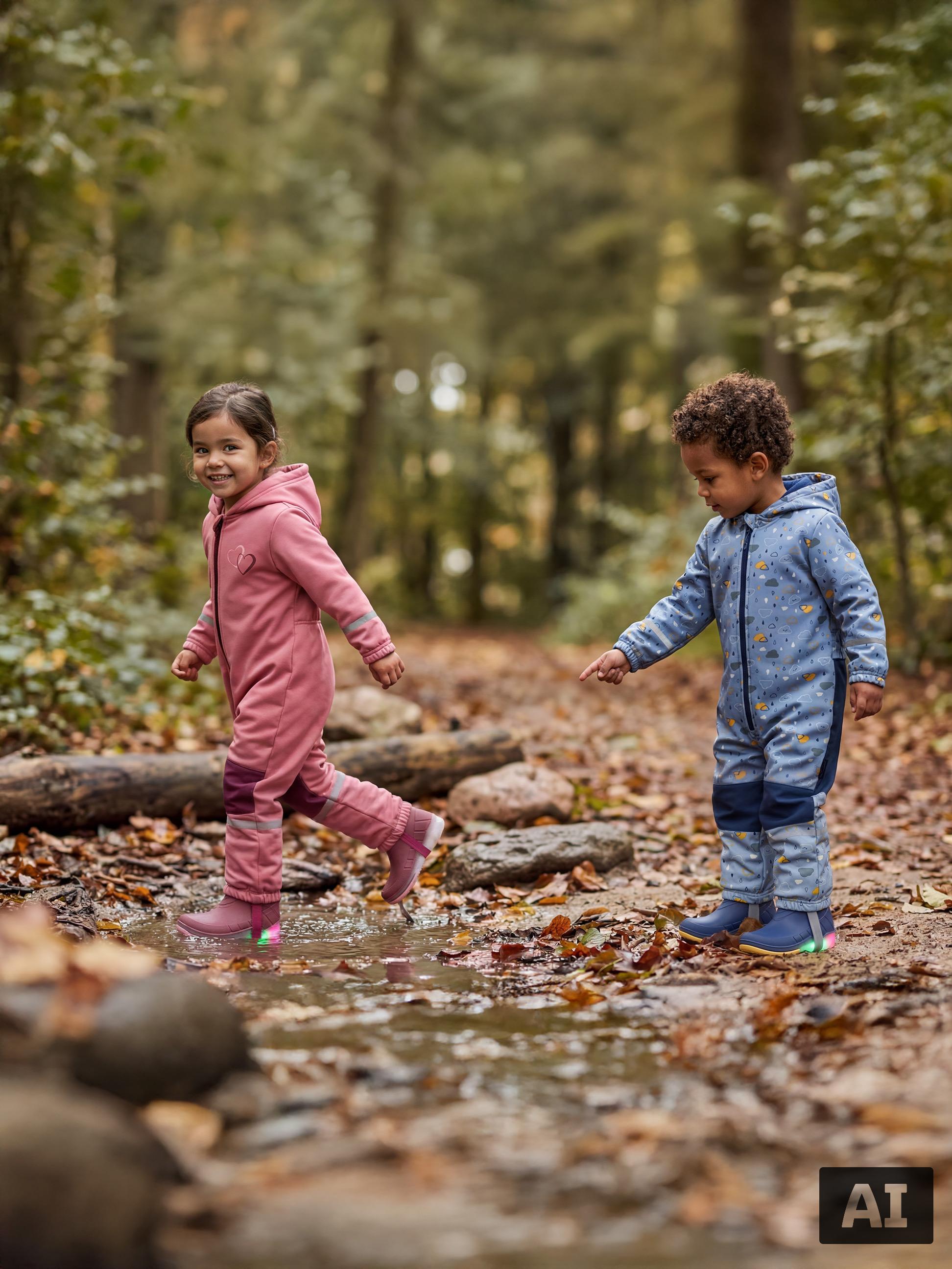 Zwei Kinder in bunten Overalls und blinkenden Gummistiefeln spielen in einer Waldpfütze.