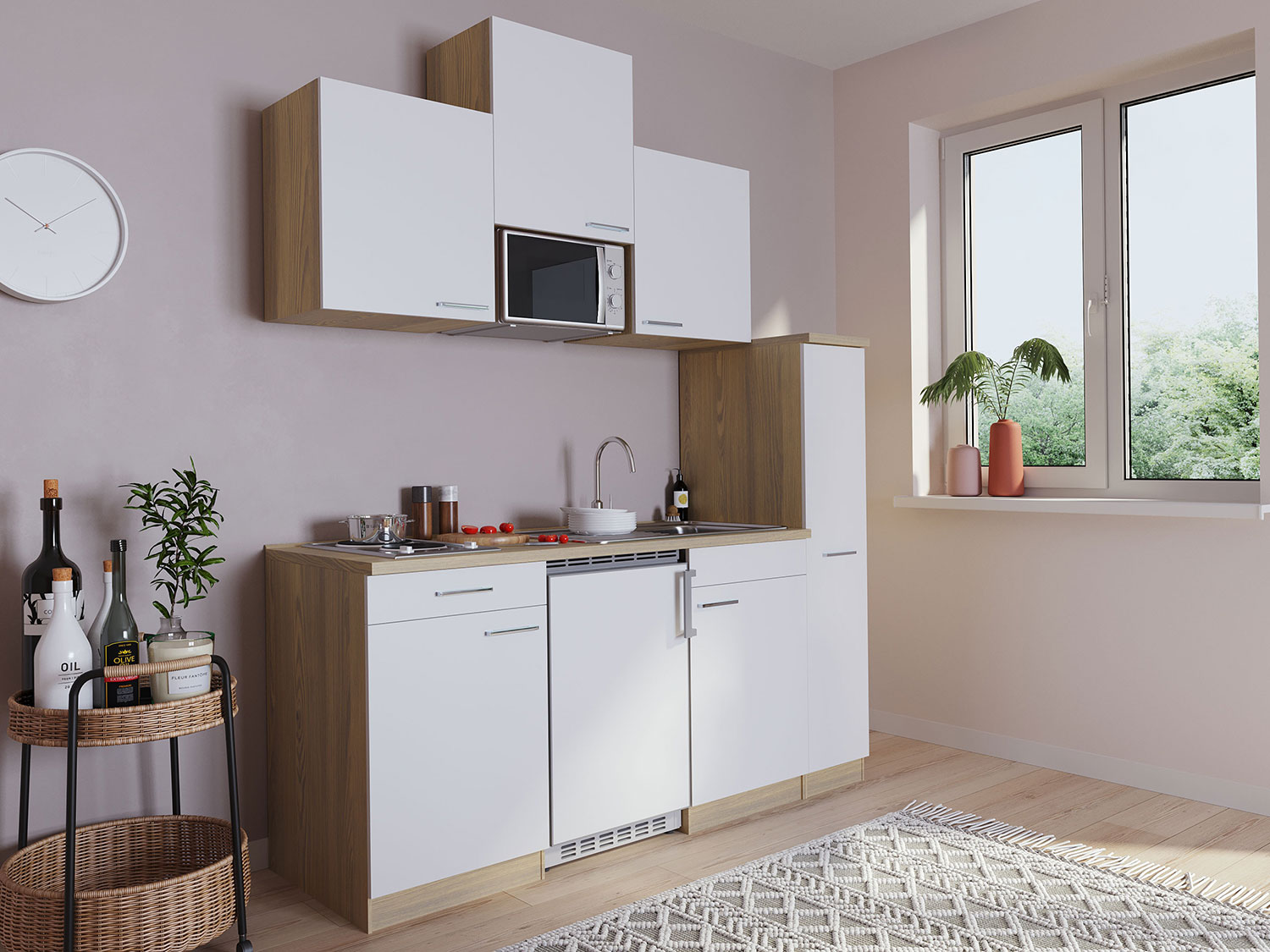 RESPEKTA Singleküche Eiche Sonoma Sägerau 150/160/180cm (mit Mikrowelle, weiß mit Kochmulde, Breite 180cm) – Bild 2 von 4