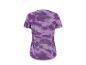 Damen-Sport-T-Shirt mit lila Camouflage-Muster und Streifen, Rückansicht.