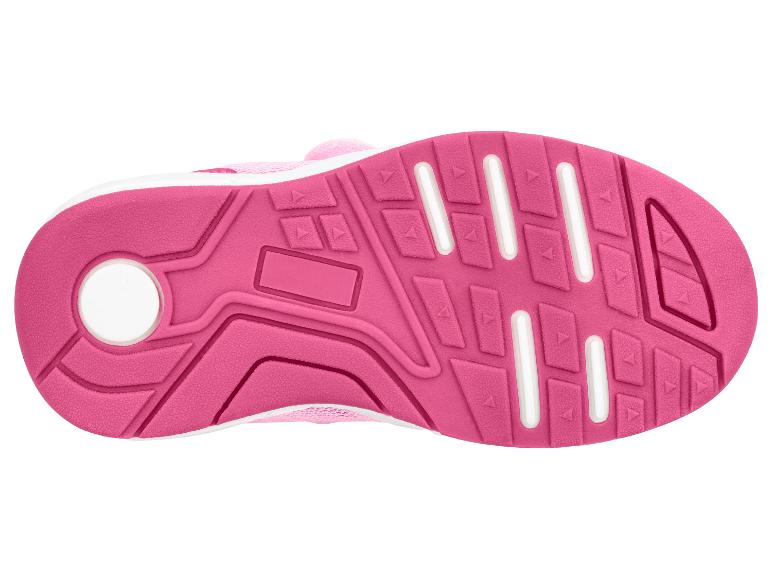 Rosa Kinder-Sportschuhsohle mit weißen Details und gemustertem Profil.