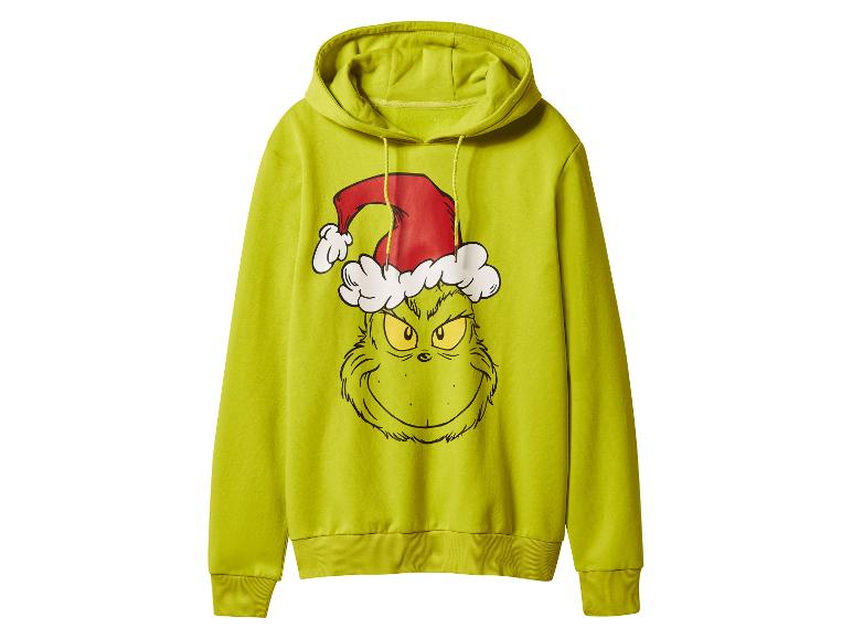 Limettengrüner Grinch-Hoodie mit roter Weihnachtsmannmütze auf weißem Hintergrund.