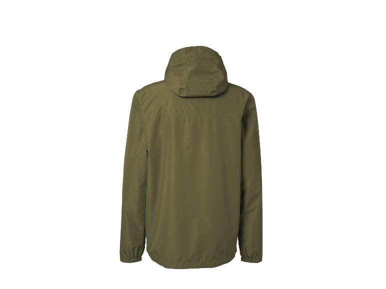 Herren-Regenjacke in Khaki mit Kapuze, Rückansicht.