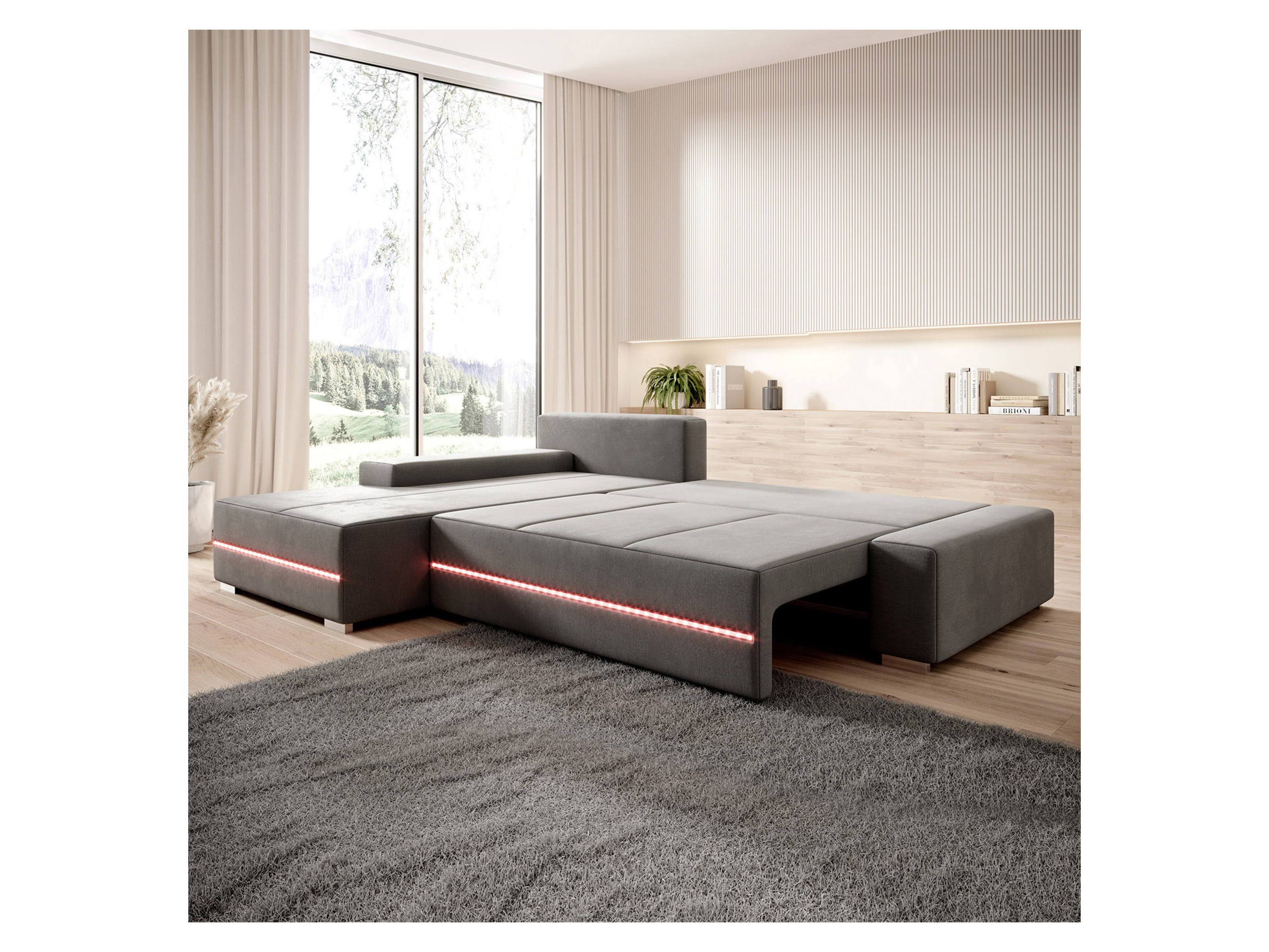 Thumbnail - Juskys Davos Sofa LED mit Ottomane  Schlaffunktion (Links, Hellgrau)