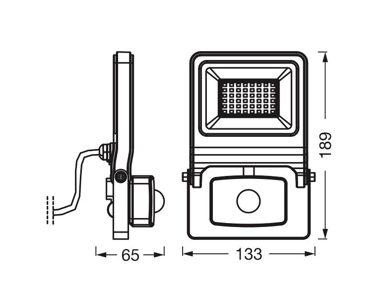 Technische Zeichnung eines LED-Flutlichtstrahlers mit Abmessungen: 189 mm Höhe, 133 mm Breite und 65 mm Tiefe.