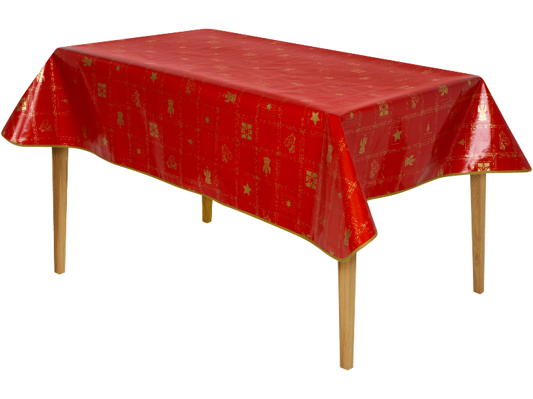 Rote Weihnachtstischdecke mit goldenen festlichen Mustern auf einem Holztisch.