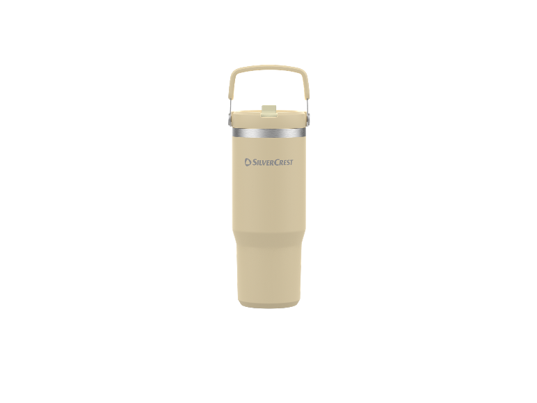 Beige SilverCrest Thermobecher mit Henkel.