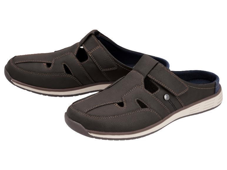 Herren-Mulesandalen in Braun mit verstellbarem Klettverschluss.