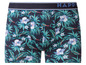 Boxershorts mit tropischem Muster und 'Happy' Logo.