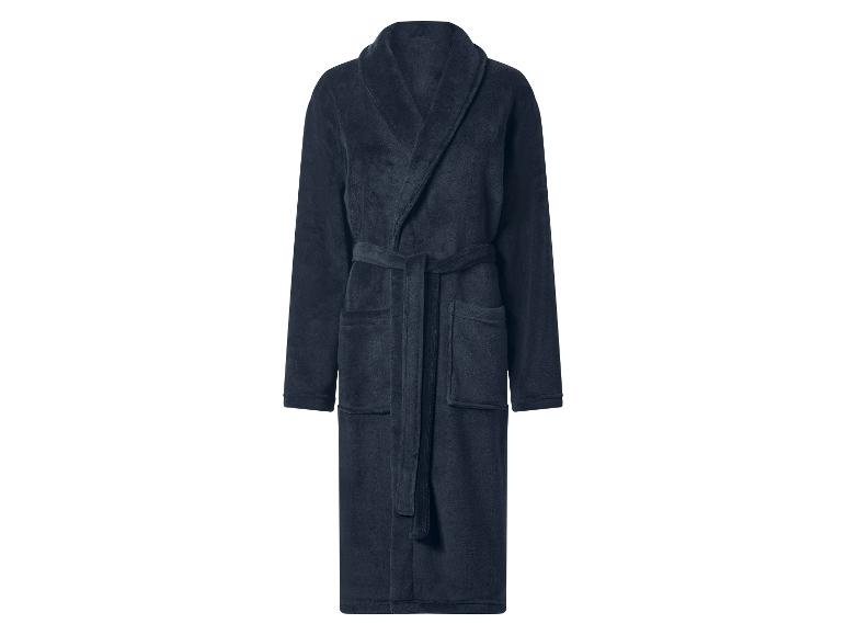 Dunkelblauer Frottee-Bademantel mit Bindegürtel und Taschen.