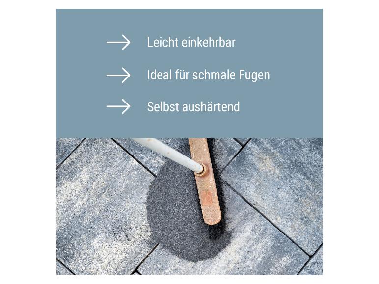 Pflastersand für schmale Fugen, leicht einkehrbar und selbst aushärtend.