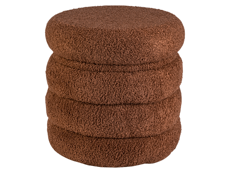 Stapel aus vier runden, braunen, strukturierten Kissen oder Poufs.