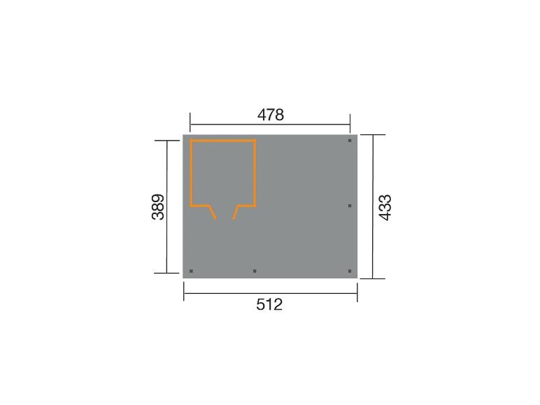 Skizze eines grauen rechteckigen Grundrisses mit orangefarbener Innenkontur und Maßen 478, 389, 433, 512.