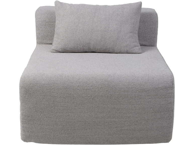 Graues Modulsofa mit Kissen, aus strukturiertem Stoff.