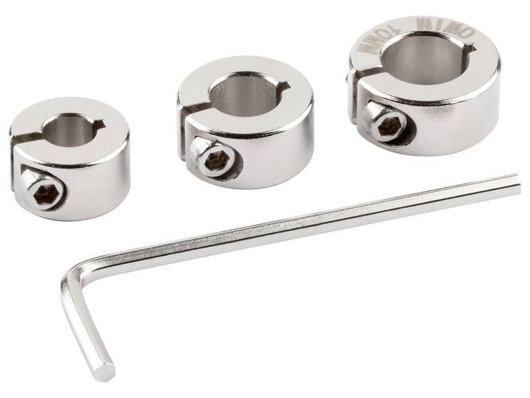 Drei silberne Klemmbänder und ein Inbusschlüssel.