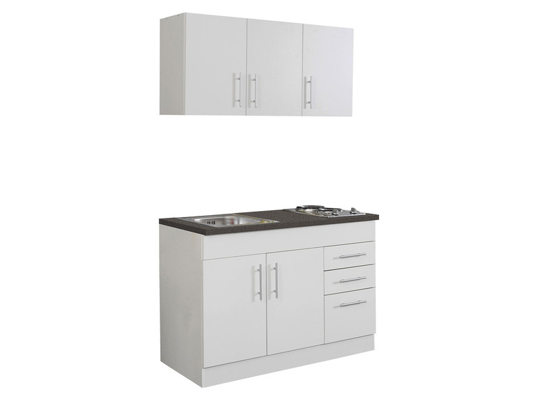 Weißes Küchenblock mit Spüle, Kochfeld und Oberschränken